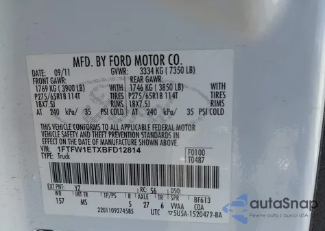 2011 Ford F-150 Xlt from USA, damaged, VIN 1FTFW1ETXBFD12814